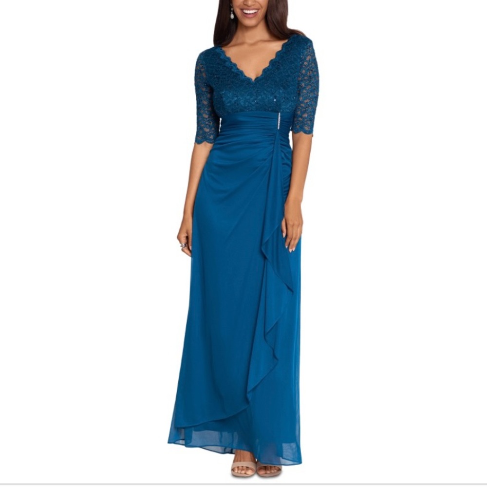 Betsey & Adam V Neck Lace Bodice Maxi Dress